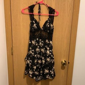 Shein black open back floral mini dress with layered ruffles